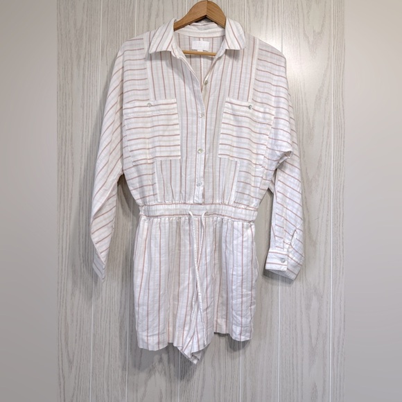EVERY Button Long Sleeve White & Beige Stripe Romper Collar Waist Tie Size S - Picture 1 of 3